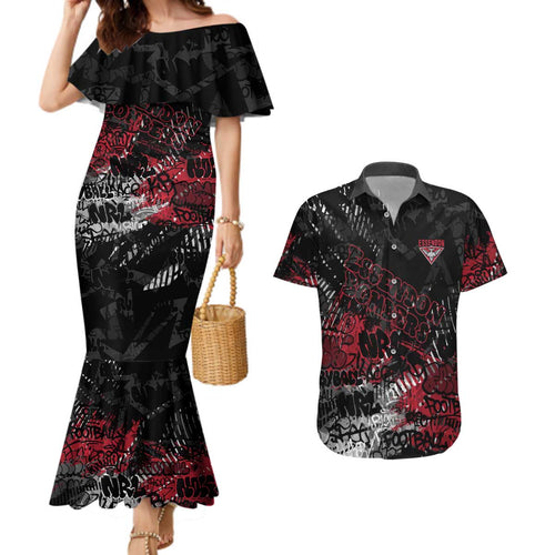 Essendon Bombers Couples Matching Mermaid Dress and Hawaiian Shirt Urban Graffiti Street Art - Bold Abstract Spray Paint