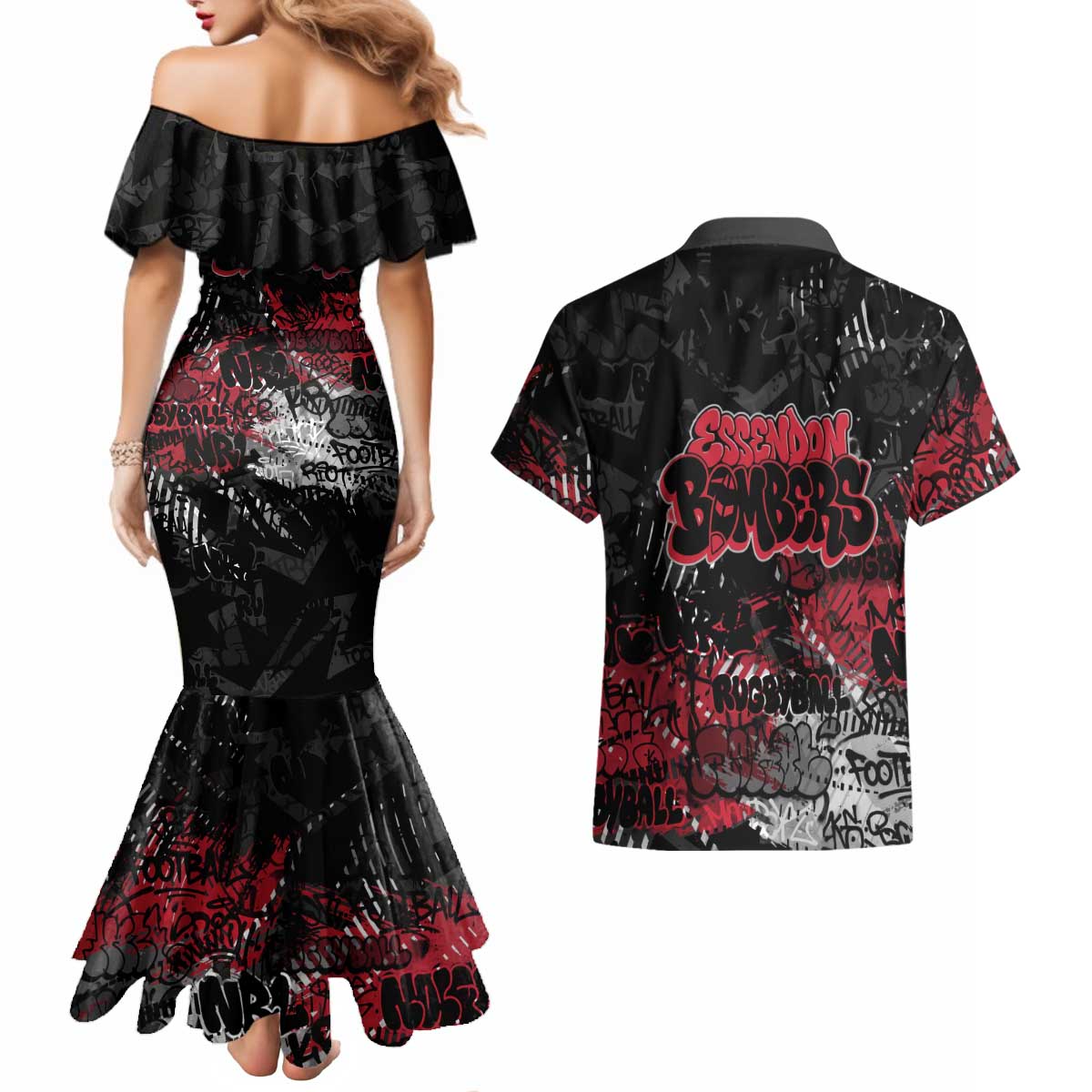Essendon Bombers Couples Matching Mermaid Dress and Hawaiian Shirt Urban Graffiti Street Art - Bold Abstract Spray Paint