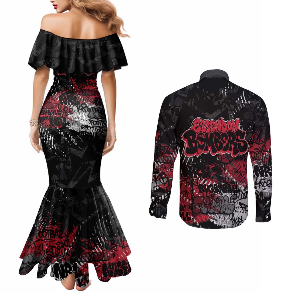 Essendon Bombers Couples Matching Mermaid Dress and Long Sleeve Button Shirt Urban Graffiti Street Art - Bold Abstract Spray Paint
