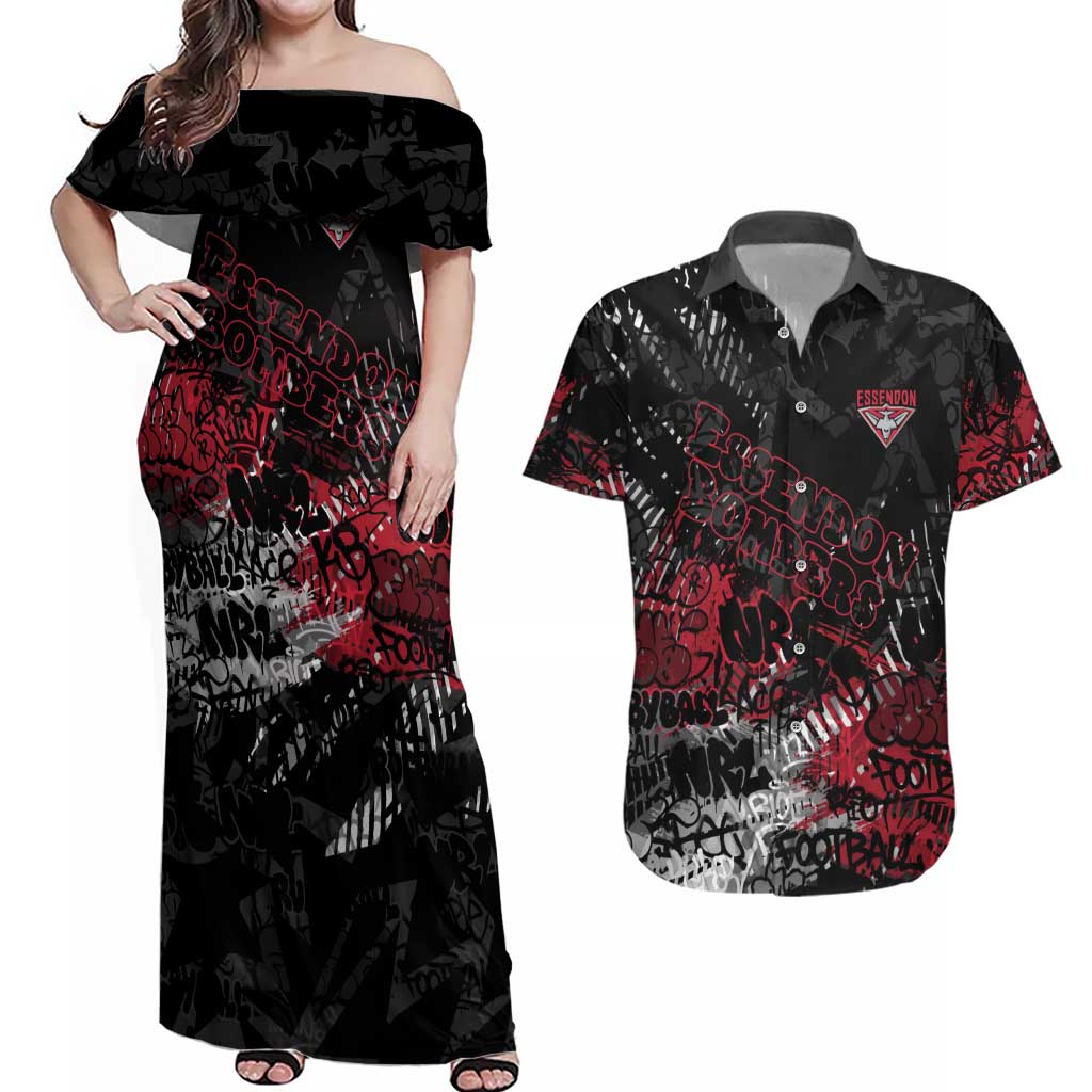 Essendon Bombers Couples Matching Off Shoulder Maxi Dress and Hawaiian Shirt Urban Graffiti Street Art - Bold Abstract Spray Paint