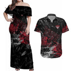 Essendon Bombers Couples Matching Off Shoulder Maxi Dress and Hawaiian Shirt Urban Graffiti Street Art - Bold Abstract Spray Paint