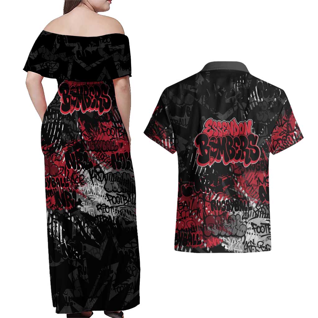 Essendon Bombers Couples Matching Off Shoulder Maxi Dress and Hawaiian Shirt Urban Graffiti Street Art - Bold Abstract Spray Paint