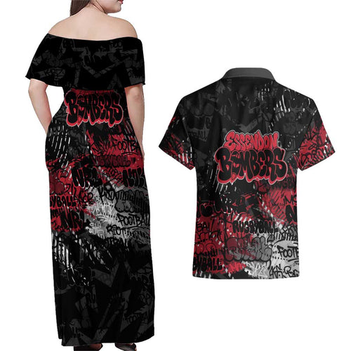 Essendon Bombers Couples Matching Off Shoulder Maxi Dress and Hawaiian Shirt Urban Graffiti Street Art - Bold Abstract Spray Paint