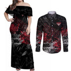 Essendon Bombers Couples Matching Off Shoulder Maxi Dress and Long Sleeve Button Shirt Urban Graffiti Street Art - Bold Abstract Spray Paint