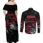 Essendon Bombers Couples Matching Off Shoulder Maxi Dress and Long Sleeve Button Shirt Urban Graffiti Street Art - Bold Abstract Spray Paint