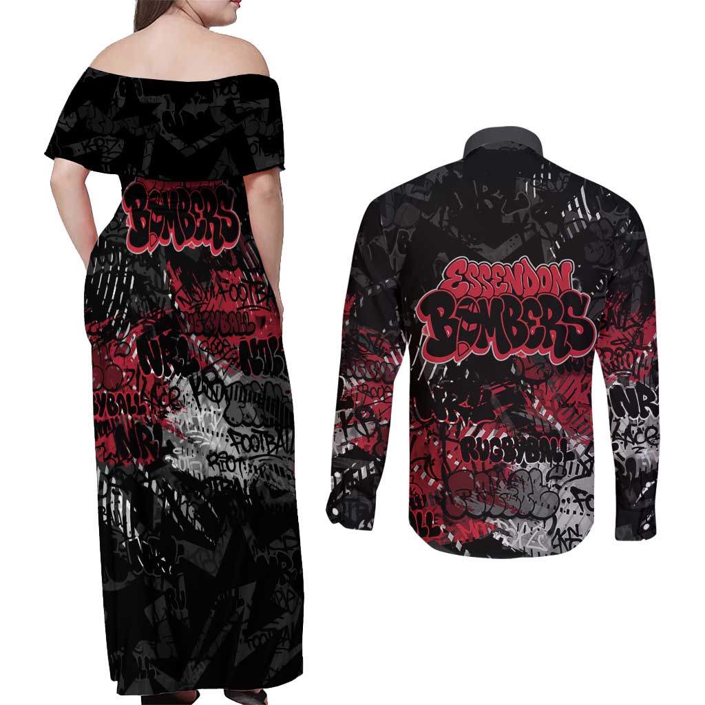 Essendon Bombers Couples Matching Off Shoulder Maxi Dress and Long Sleeve Button Shirt Urban Graffiti Street Art - Bold Abstract Spray Paint