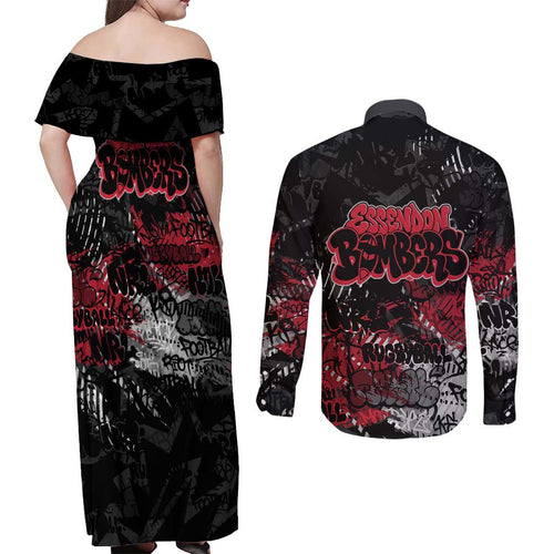 Essendon Bombers Couples Matching Off Shoulder Maxi Dress and Long Sleeve Button Shirt Urban Graffiti Street Art - Bold Abstract Spray Paint