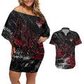 Essendon Bombers Couples Matching Off Shoulder Short Dress and Hawaiian Shirt Urban Graffiti Street Art - Bold Abstract Spray Paint