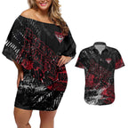 Essendon Bombers Couples Matching Off Shoulder Short Dress and Hawaiian Shirt Urban Graffiti Street Art - Bold Abstract Spray Paint