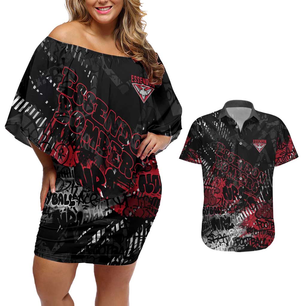 Essendon Bombers Couples Matching Off Shoulder Short Dress and Hawaiian Shirt Urban Graffiti Street Art - Bold Abstract Spray Paint