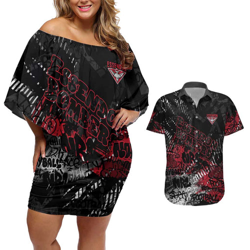 Essendon Bombers Couples Matching Off Shoulder Short Dress and Hawaiian Shirt Urban Graffiti Street Art - Bold Abstract Spray Paint