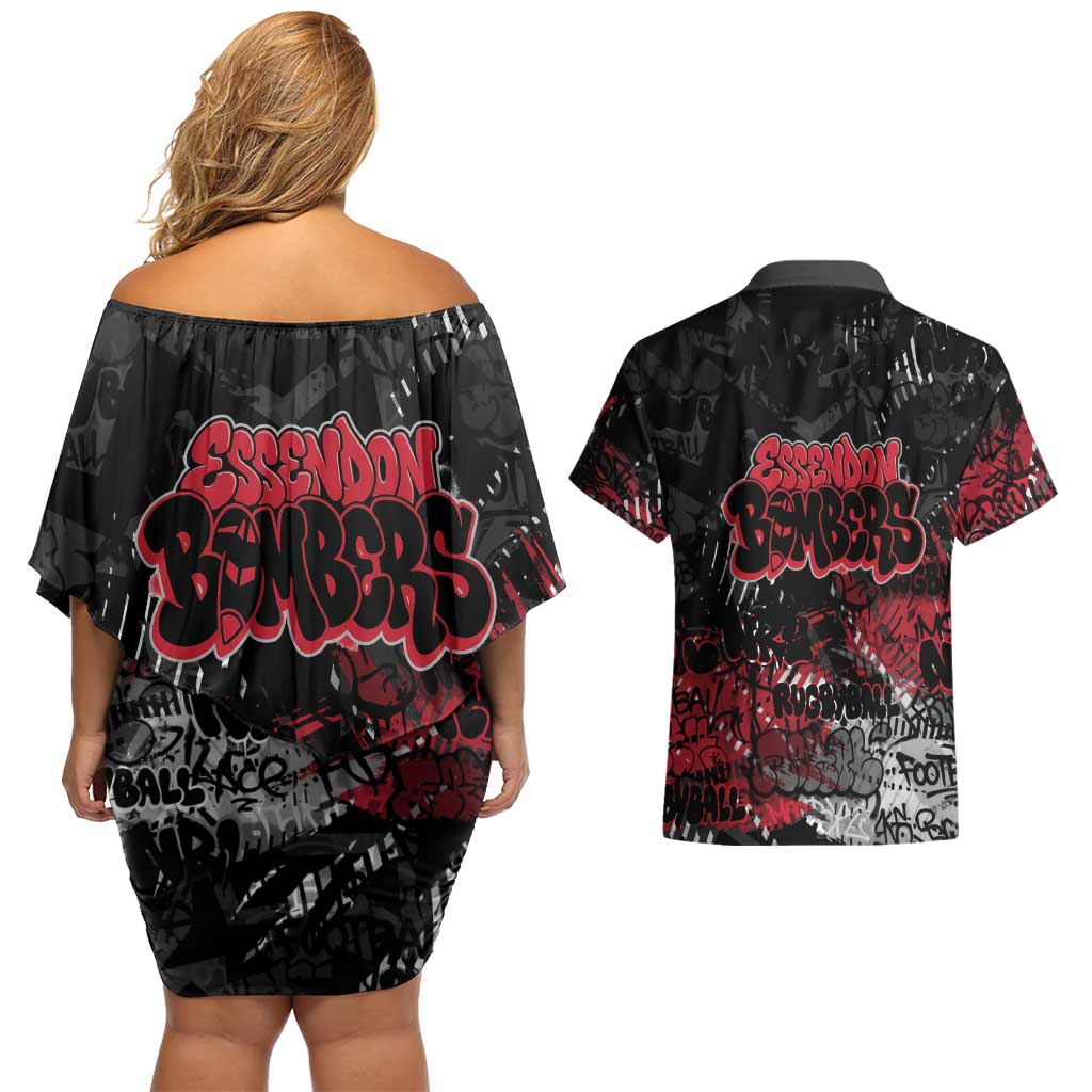 Essendon Bombers Couples Matching Off Shoulder Short Dress and Hawaiian Shirt Urban Graffiti Street Art - Bold Abstract Spray Paint