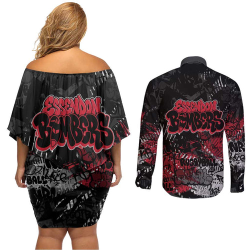 Essendon Bombers Couples Matching Off Shoulder Short Dress and Long Sleeve Button Shirt Urban Graffiti Street Art - Bold Abstract Spray Paint