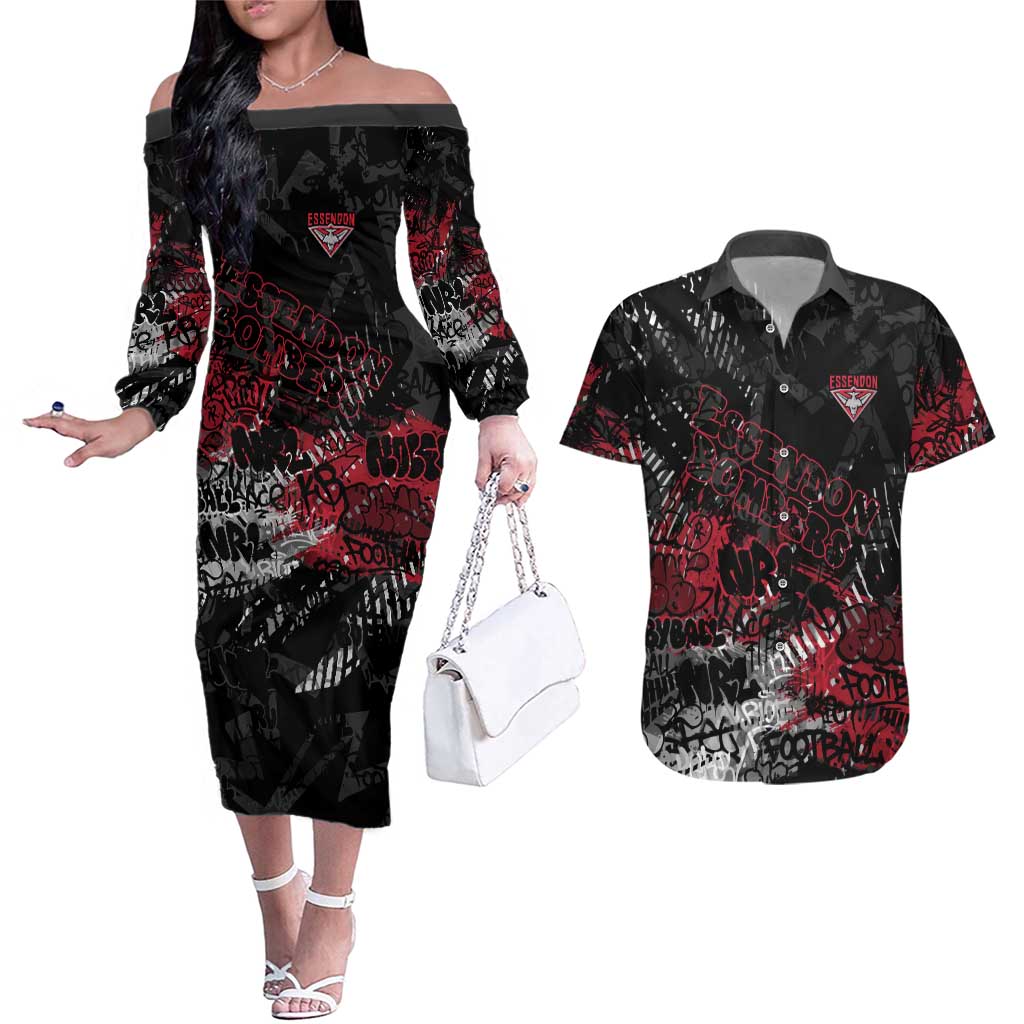 Essendon Bombers Couples Matching Off The Shoulder Long Sleeve Dress and Hawaiian Shirt Urban Graffiti Street Art - Bold Abstract Spray Paint