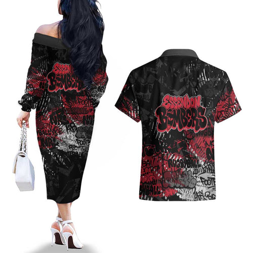 Essendon Bombers Couples Matching Off The Shoulder Long Sleeve Dress and Hawaiian Shirt Urban Graffiti Street Art - Bold Abstract Spray Paint