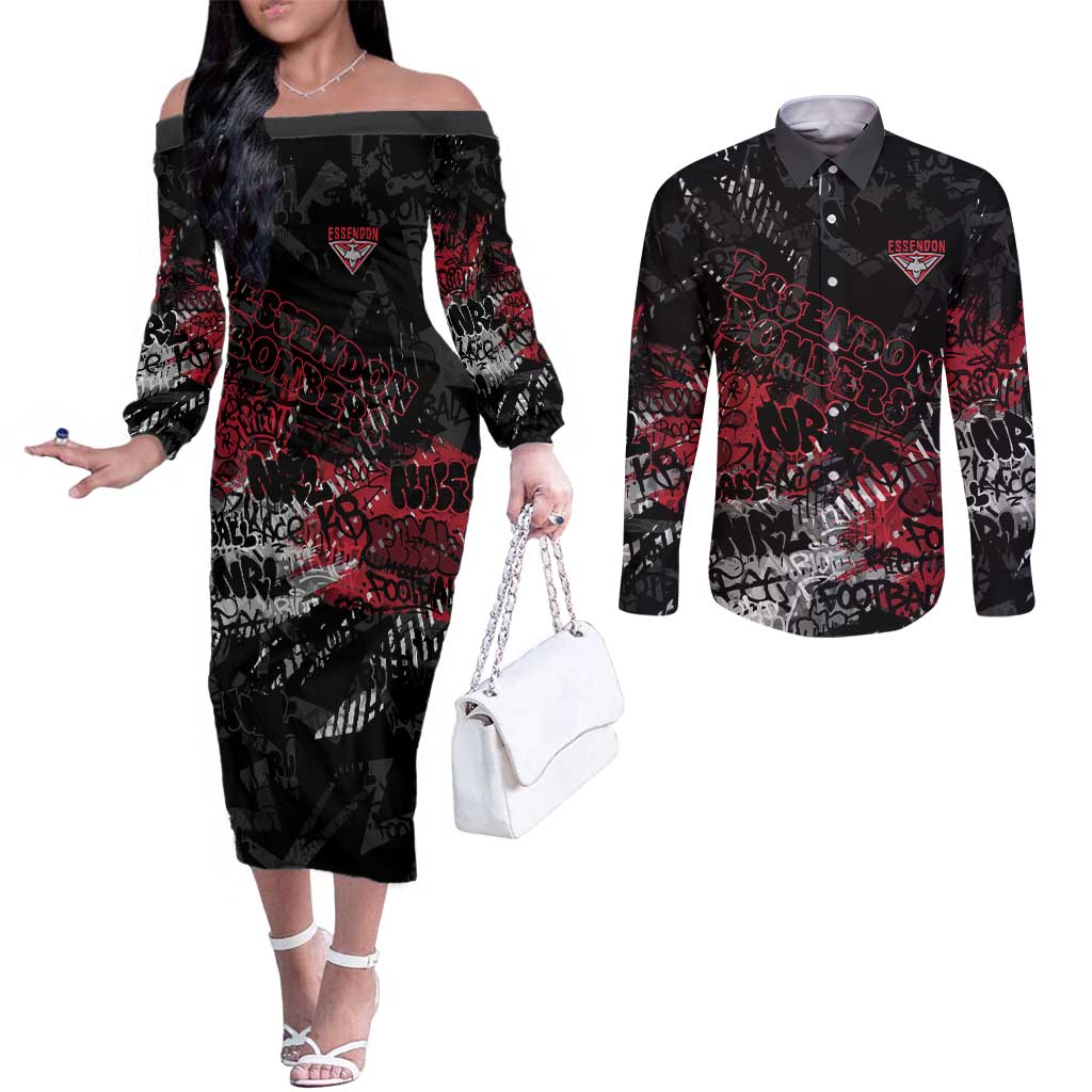 Essendon Bombers Couples Matching Off The Shoulder Long Sleeve Dress and Long Sleeve Button Shirt Urban Graffiti Street Art - Bold Abstract Spray Paint