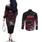 Essendon Bombers Couples Matching Off The Shoulder Long Sleeve Dress and Long Sleeve Button Shirt Urban Graffiti Street Art - Bold Abstract Spray Paint
