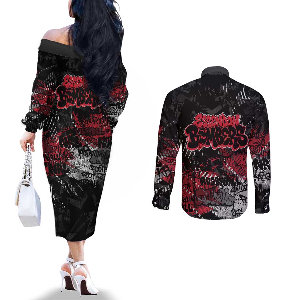 Essendon Bombers Couples Matching Off The Shoulder Long Sleeve Dress and Long Sleeve Button Shirt Urban Graffiti Street Art - Bold Abstract Spray Paint