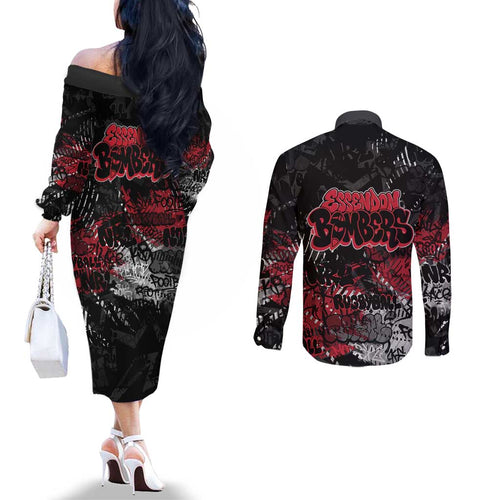 Essendon Bombers Couples Matching Off The Shoulder Long Sleeve Dress and Long Sleeve Button Shirt Urban Graffiti Street Art - Bold Abstract Spray Paint