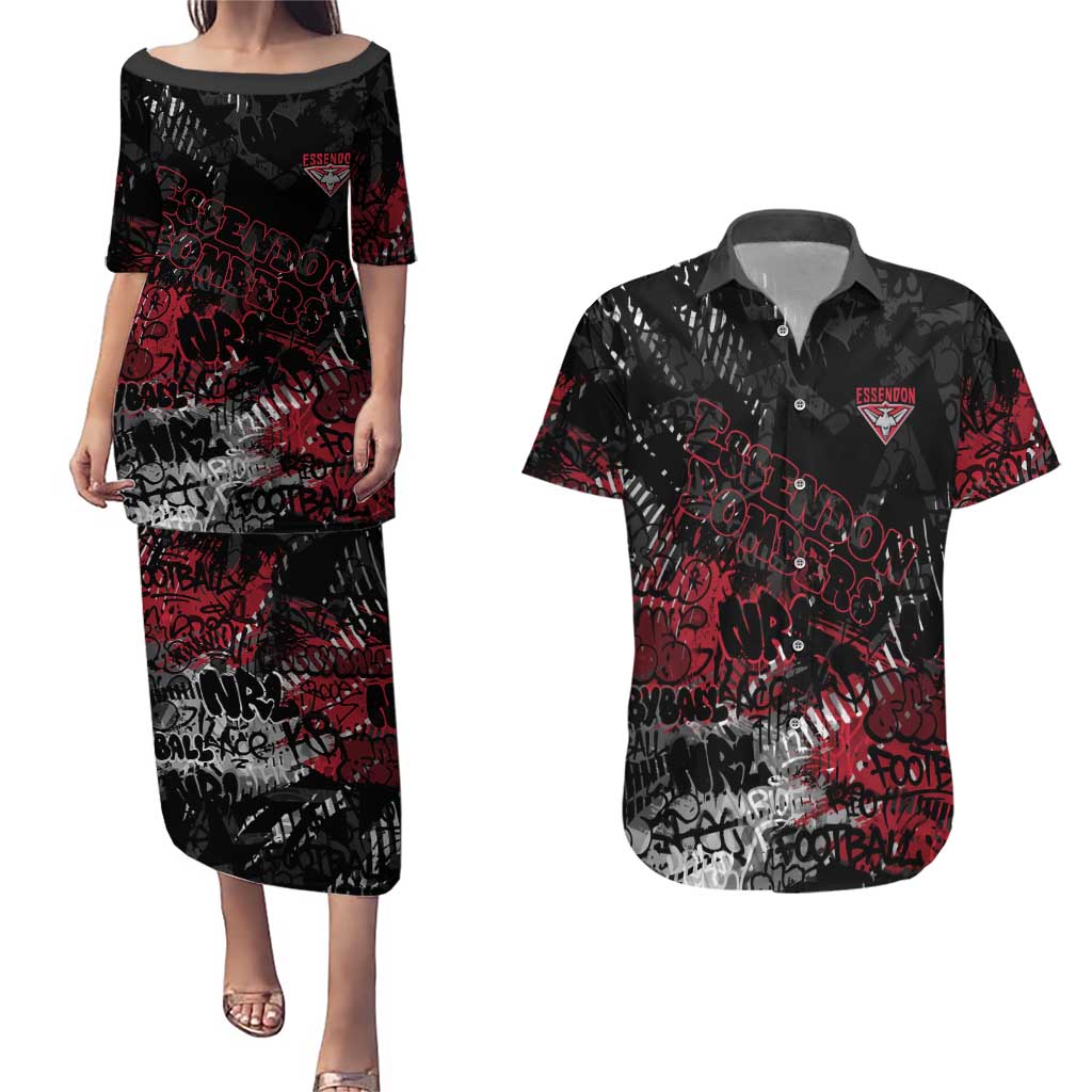Essendon Bombers Couples Matching Puletasi and Hawaiian Shirt Urban Graffiti Street Art - Bold Abstract Spray Paint