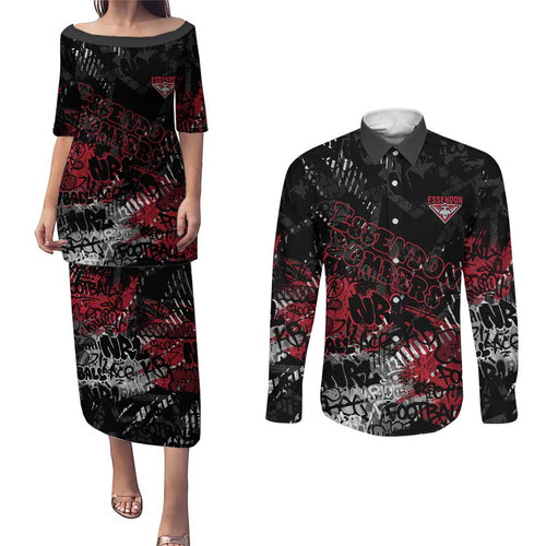 Essendon Bombers Couples Matching Puletasi and Long Sleeve Button Shirt Urban Graffiti Street Art - Bold Abstract Spray Paint