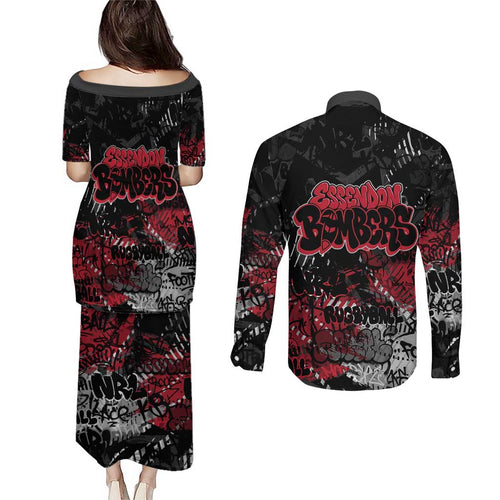 Essendon Bombers Couples Matching Puletasi and Long Sleeve Button Shirt Urban Graffiti Street Art - Bold Abstract Spray Paint