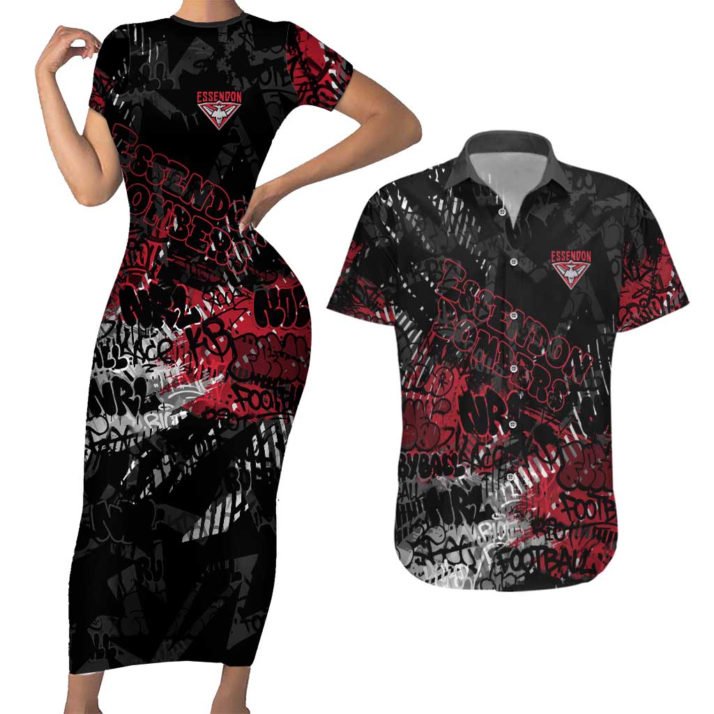 Essendon Bombers Couples Matching Short Sleeve Bodycon Dress and Hawaiian Shirt Urban Graffiti Street Art - Bold Abstract Spray Paint