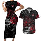 Essendon Bombers Couples Matching Short Sleeve Bodycon Dress and Hawaiian Shirt Urban Graffiti Street Art - Bold Abstract Spray Paint