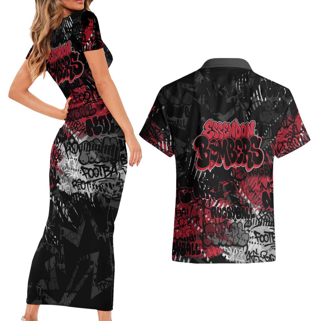 Essendon Bombers Couples Matching Short Sleeve Bodycon Dress and Hawaiian Shirt Urban Graffiti Street Art - Bold Abstract Spray Paint