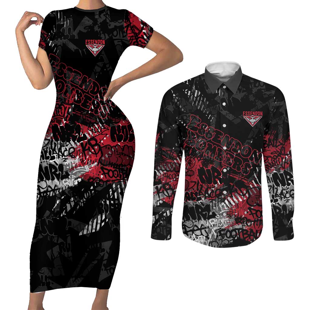Essendon Bombers Couples Matching Short Sleeve Bodycon Dress and Long Sleeve Button Shirt Urban Graffiti Street Art - Bold Abstract Spray Paint