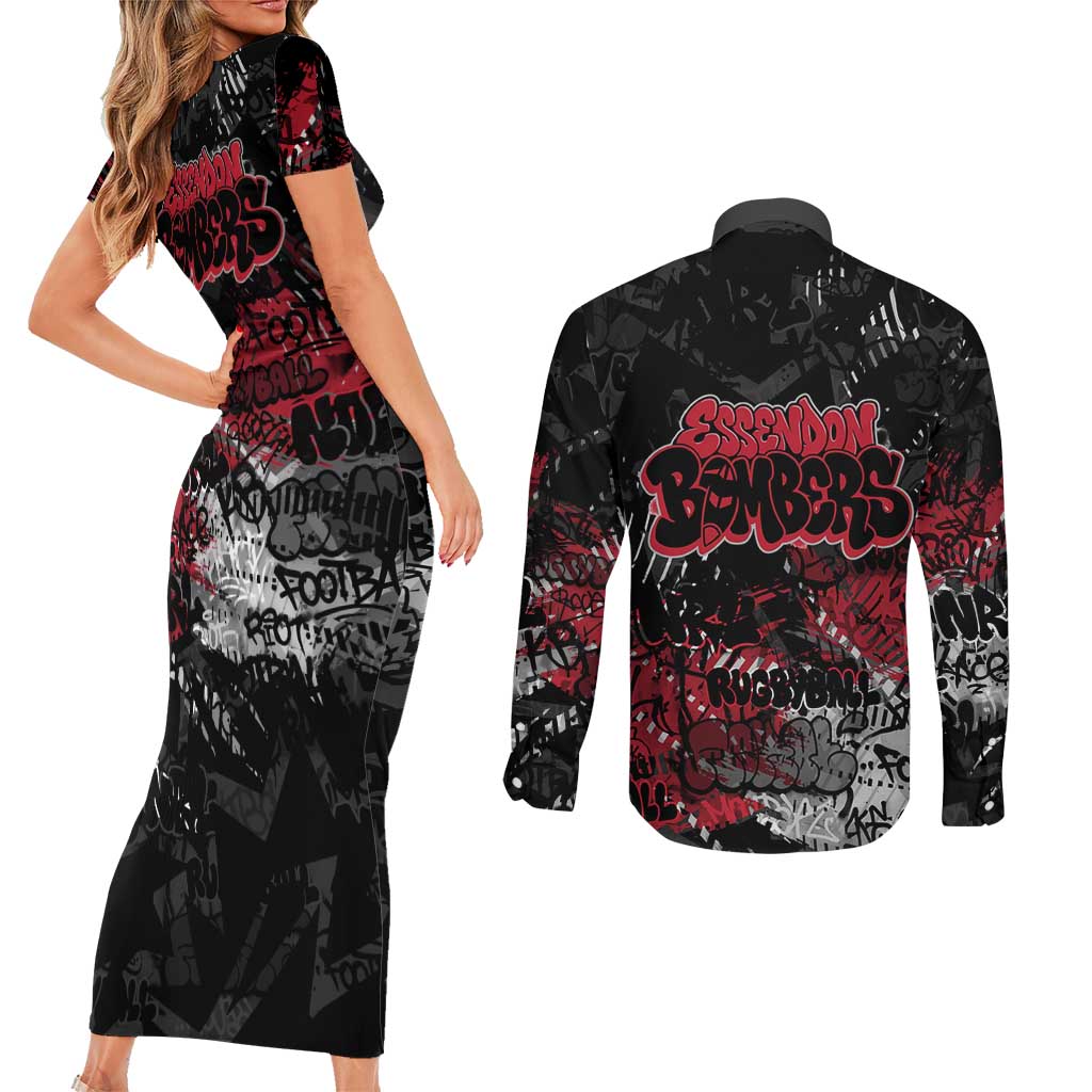 Essendon Bombers Couples Matching Short Sleeve Bodycon Dress and Long Sleeve Button Shirt Urban Graffiti Street Art - Bold Abstract Spray Paint
