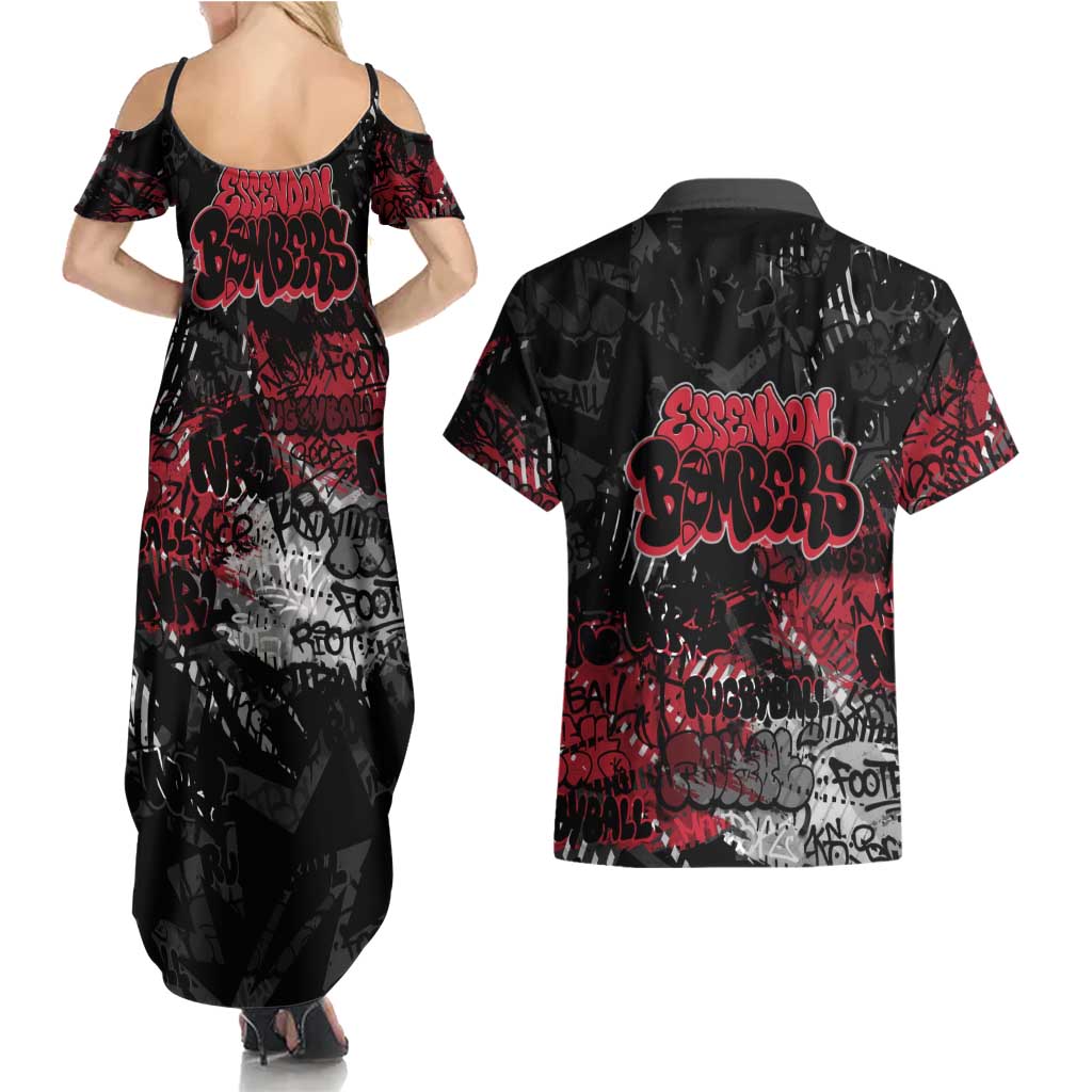 Essendon Bombers Couples Matching Summer Maxi Dress and Hawaiian Shirt Urban Graffiti Street Art - Bold Abstract Spray Paint