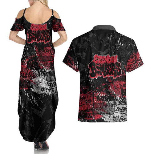 Essendon Bombers Couples Matching Summer Maxi Dress and Hawaiian Shirt Urban Graffiti Street Art - Bold Abstract Spray Paint