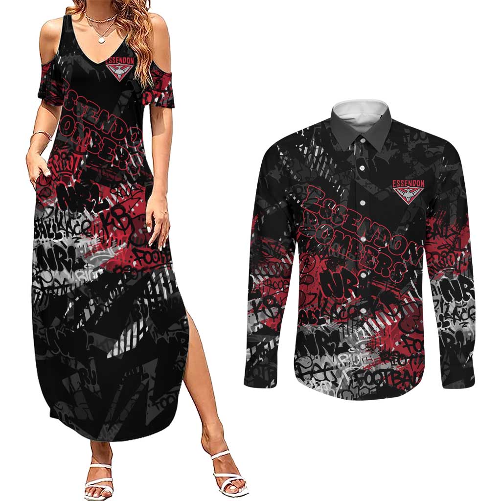 Essendon Bombers Couples Matching Summer Maxi Dress and Long Sleeve Button Shirt Urban Graffiti Street Art - Bold Abstract Spray Paint