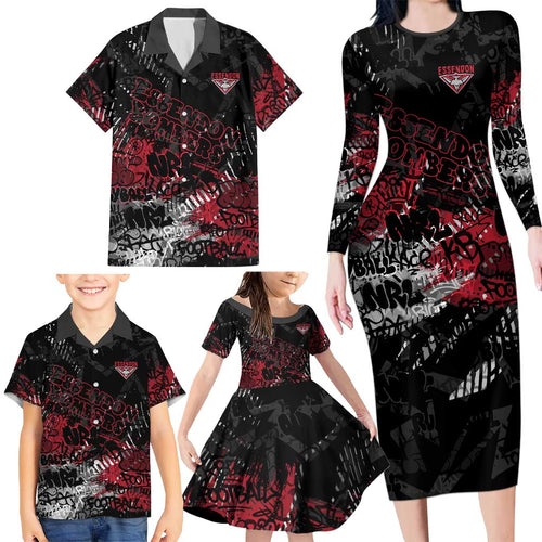 Essendon Bombers Family Matching Long Sleeve Bodycon Dress and Hawaiian Shirt Urban Graffiti Street Art - Bold Abstract Spray Paint