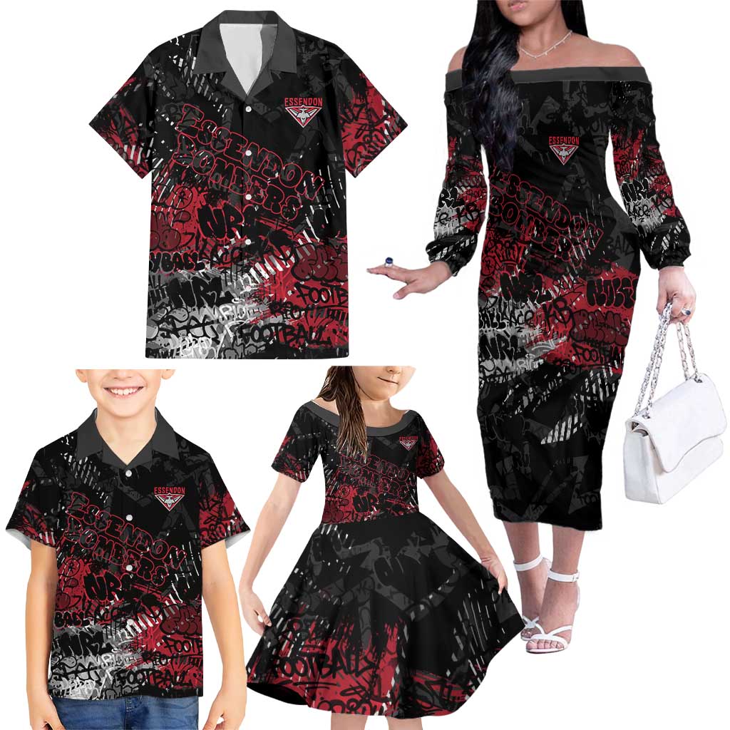 Essendon Bombers Family Matching Off The Shoulder Long Sleeve Dress and Hawaiian Shirt Urban Graffiti Street Art - Bold Abstract Spray Paint