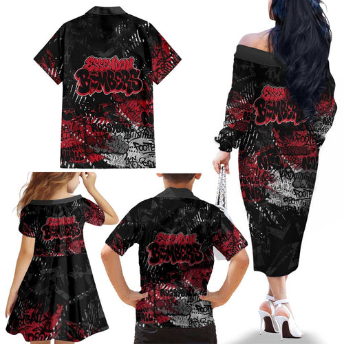 Essendon Bombers Family Matching Off The Shoulder Long Sleeve Dress and Hawaiian Shirt Urban Graffiti Street Art - Bold Abstract Spray Paint
