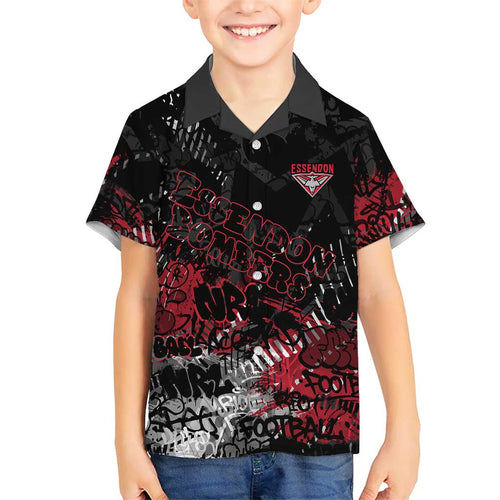 Essendon Bombers Family Matching Off The Shoulder Long Sleeve Dress and Hawaiian Shirt Urban Graffiti Street Art - Bold Abstract Spray Paint