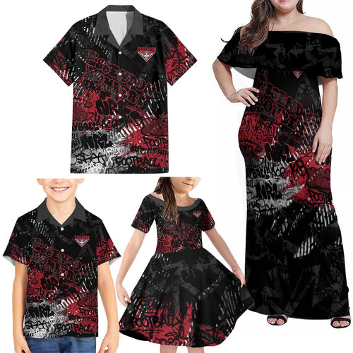 Essendon Bombers Family Matching Off Shoulder Maxi Dress and Hawaiian Shirt Urban Graffiti Street Art - Bold Abstract Spray Paint