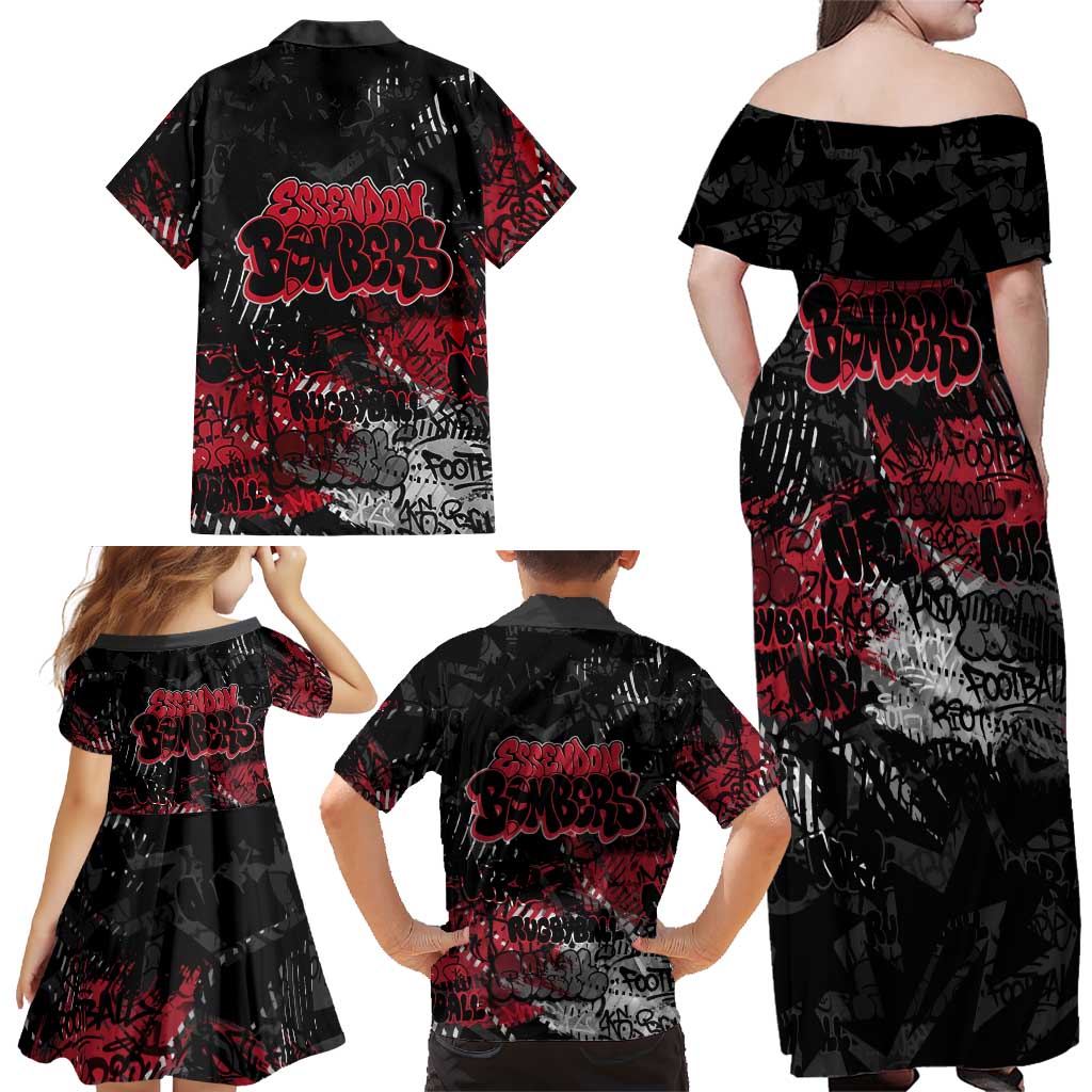 Essendon Bombers Family Matching Off Shoulder Maxi Dress and Hawaiian Shirt Urban Graffiti Street Art - Bold Abstract Spray Paint