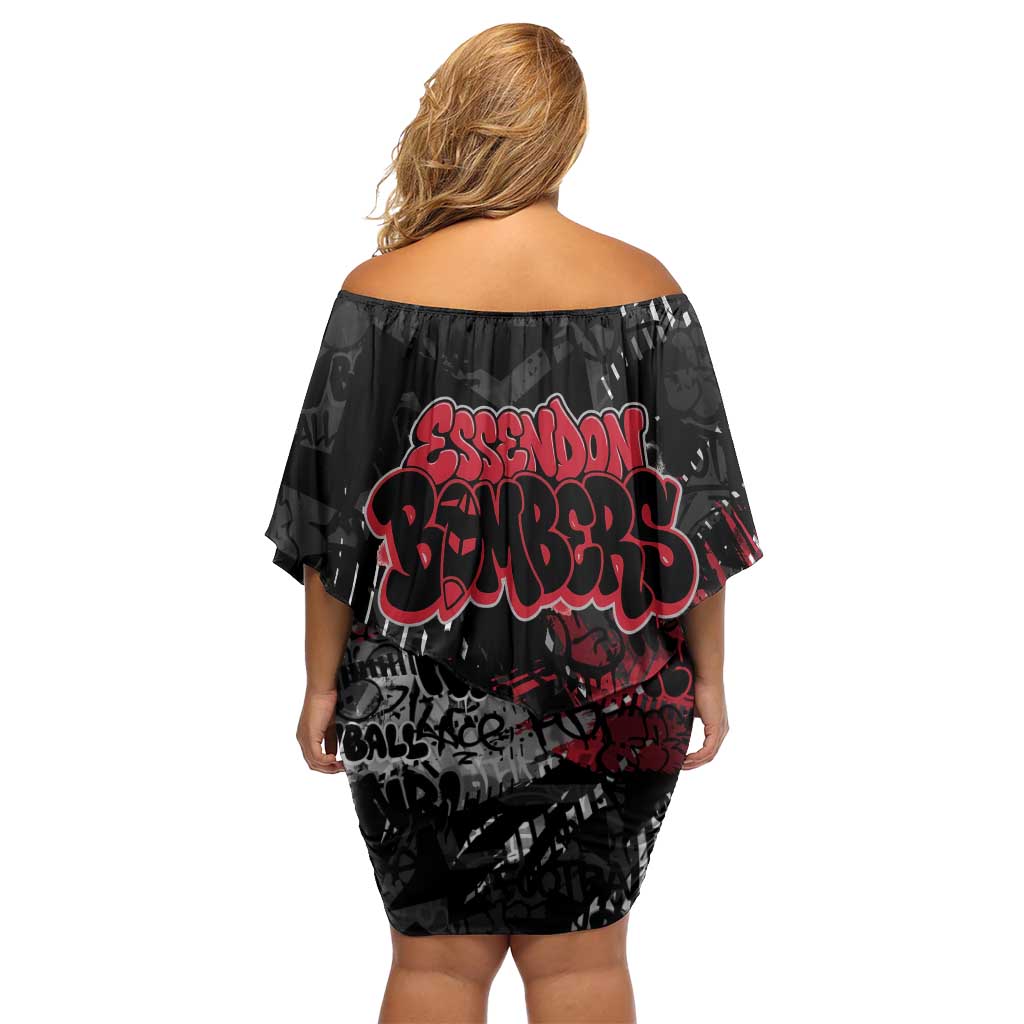 Essendon Bombers Family Matching Off Shoulder Short Dress and Hawaiian Shirt Urban Graffiti Street Art - Bold Abstract Spray Paint