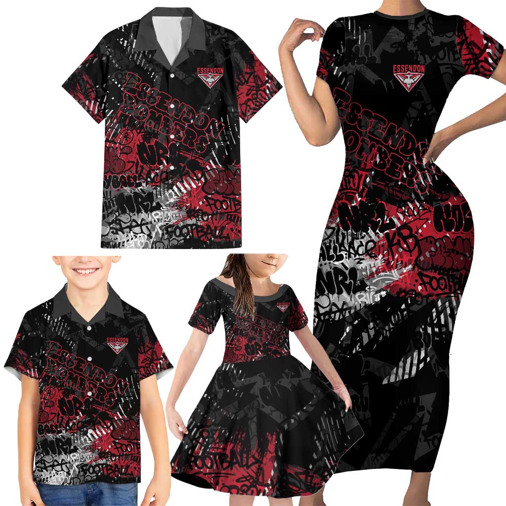 Essendon Bombers Family Matching Short Sleeve Bodycon Dress and Hawaiian Shirt Urban Graffiti Street Art - Bold Abstract Spray Paint