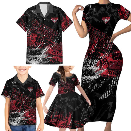Essendon Bombers Family Matching Short Sleeve Bodycon Dress and Hawaiian Shirt Urban Graffiti Street Art - Bold Abstract Spray Paint