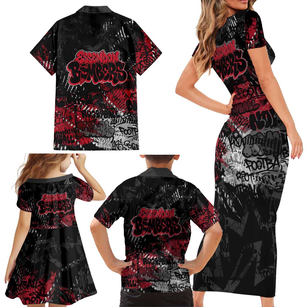 Essendon Bombers Family Matching Short Sleeve Bodycon Dress and Hawaiian Shirt Urban Graffiti Street Art - Bold Abstract Spray Paint