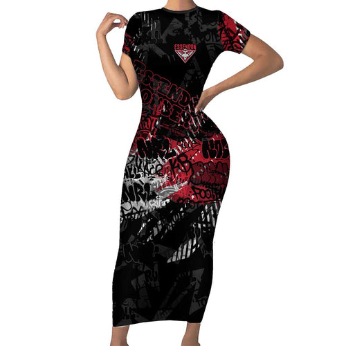 Essendon Bombers Family Matching Short Sleeve Bodycon Dress and Hawaiian Shirt Urban Graffiti Street Art - Bold Abstract Spray Paint