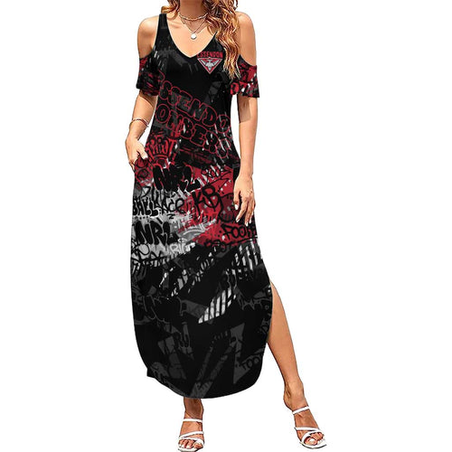Essendon Bombers Family Matching Summer Maxi Dress and Hawaiian Shirt Urban Graffiti Street Art - Bold Abstract Spray Paint