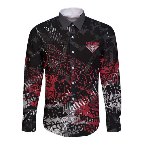 Essendon Bombers Long Sleeve Button Shirt Urban Graffiti Street Art - Bold Abstract Spray Paint
