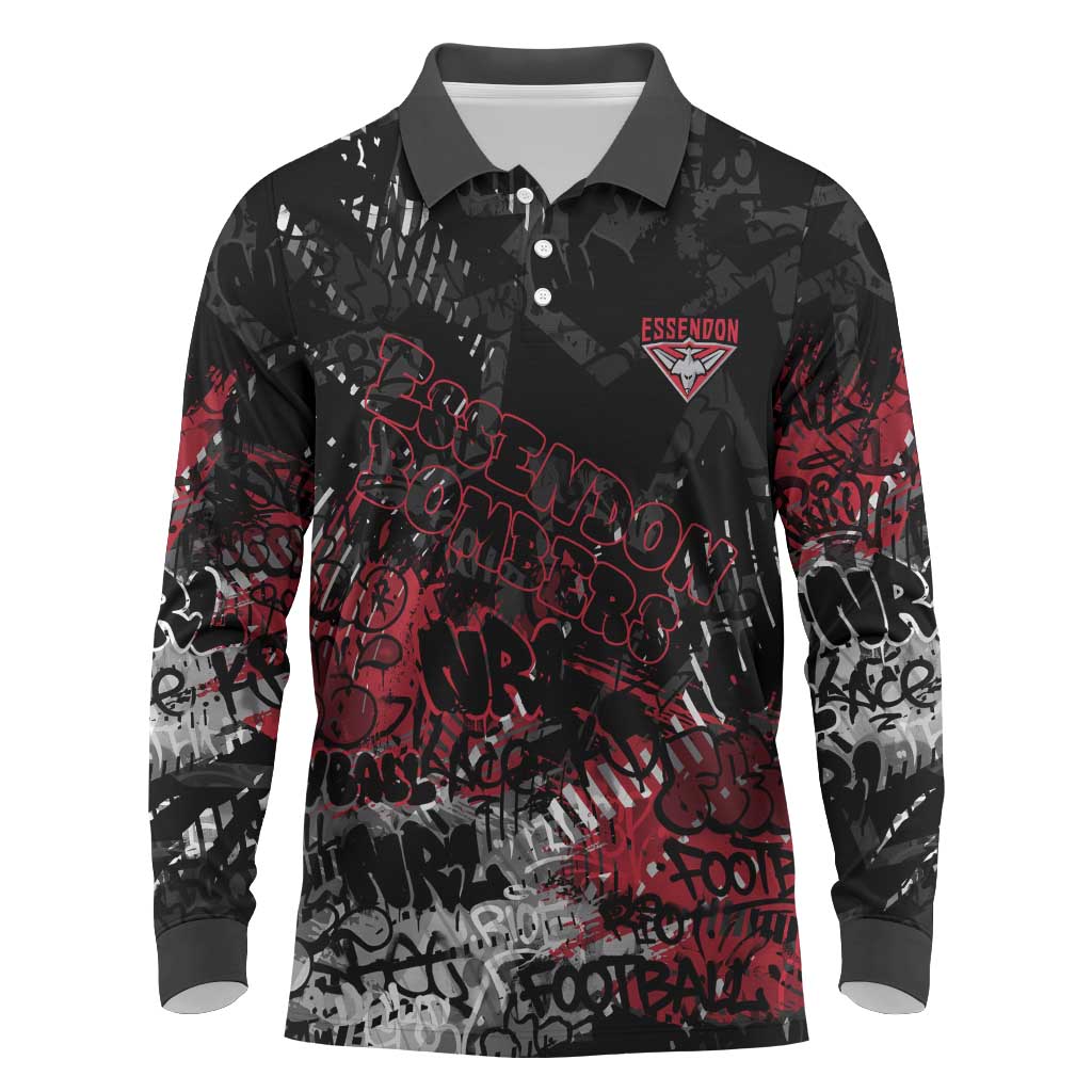 Essendon Bombers Long Sleeve Polo Shirt Urban Graffiti Street Art - Bold Abstract Spray Paint