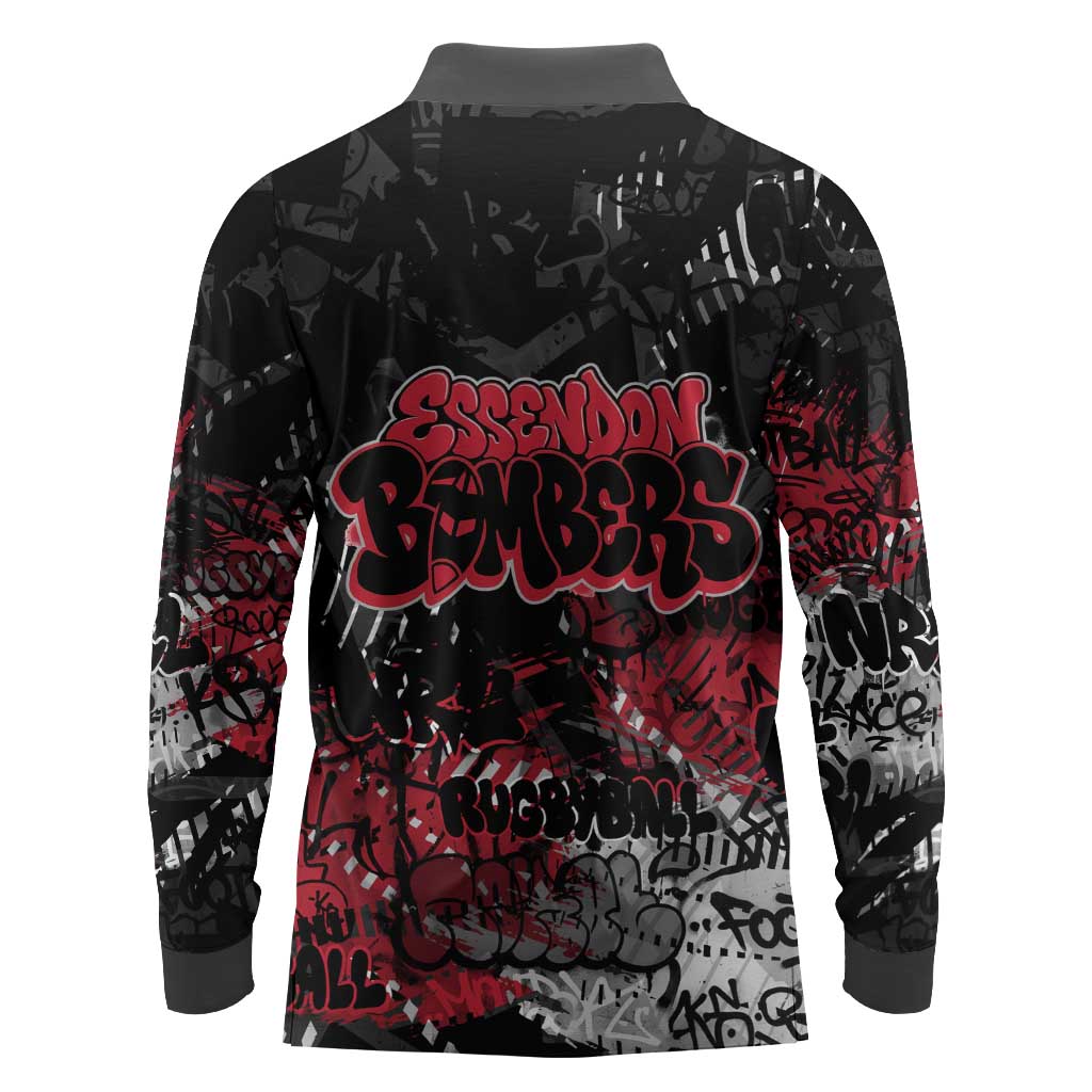 Essendon Bombers Long Sleeve Polo Shirt Urban Graffiti Street Art - Bold Abstract Spray Paint