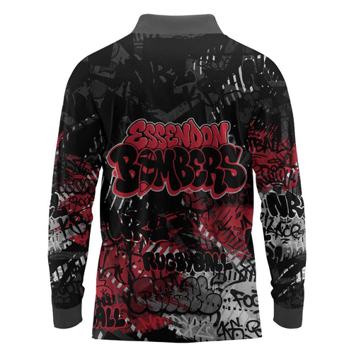 Essendon Bombers Long Sleeve Polo Shirt Urban Graffiti Street Art - Bold Abstract Spray Paint